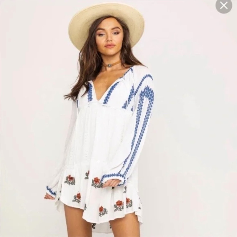 FREE PEOPLE Wild Horses Embroidered Ivory Loose Fit Boho Mini Dress S
